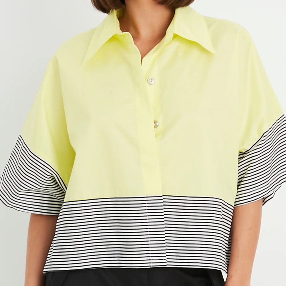 Planet by Lauren G Cotton Campy Shirt— Light Yellow with Black & White Stripe